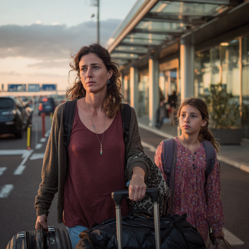 Woman and daughter at an airport